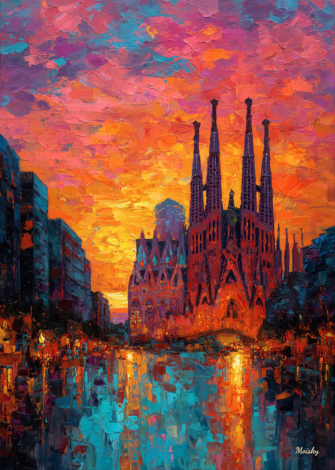 Expressionist Barcelona Skyline Colorful Urban Sunset