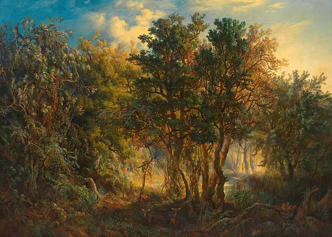 Sunlit Forest with Deer