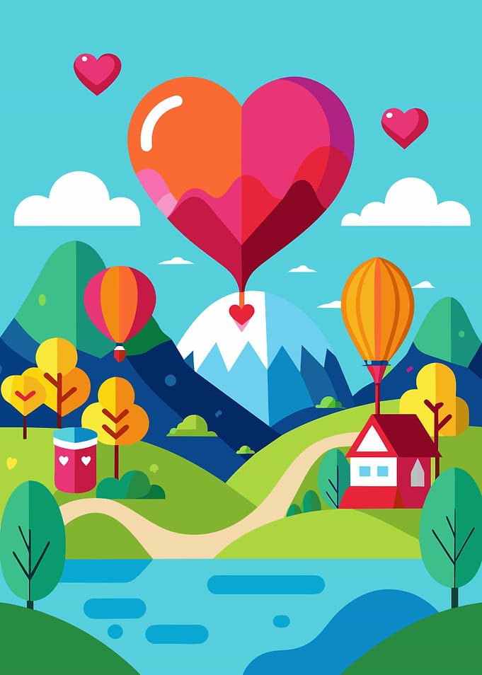 Heart-shaped hot air balloon over mountains