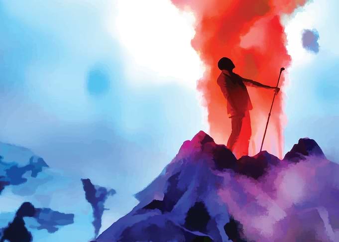 Man on Volcano with Cane