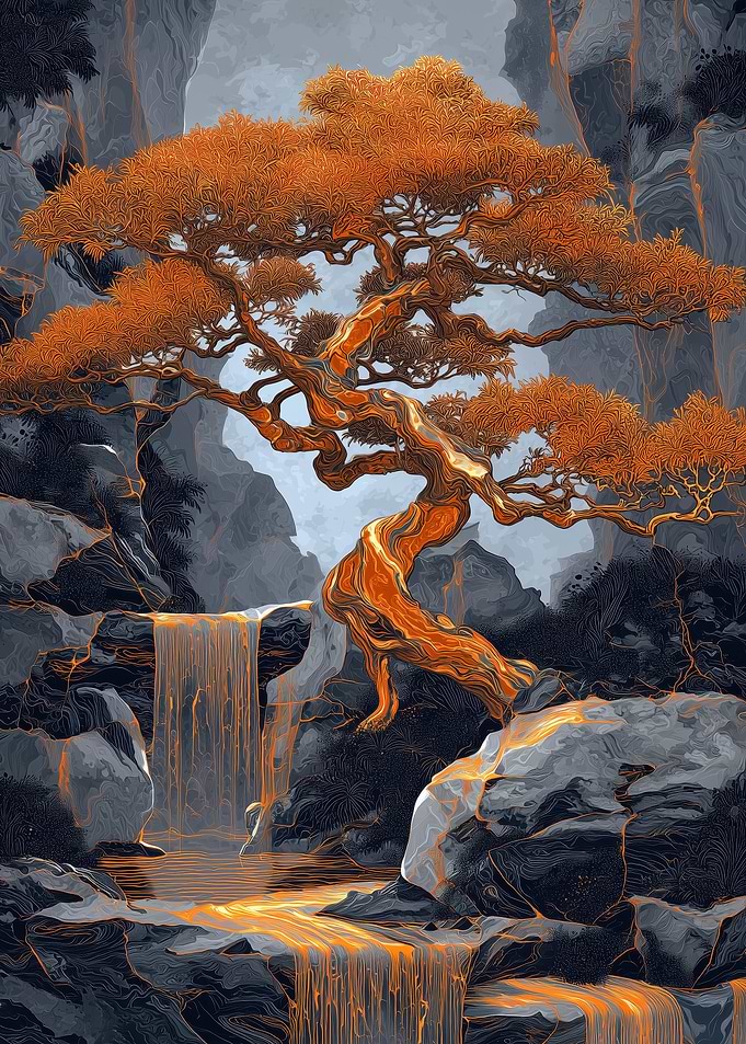 Enchanted Bonsai Tree by Waterfall