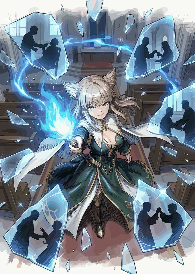 Anime girl with blue flames in church