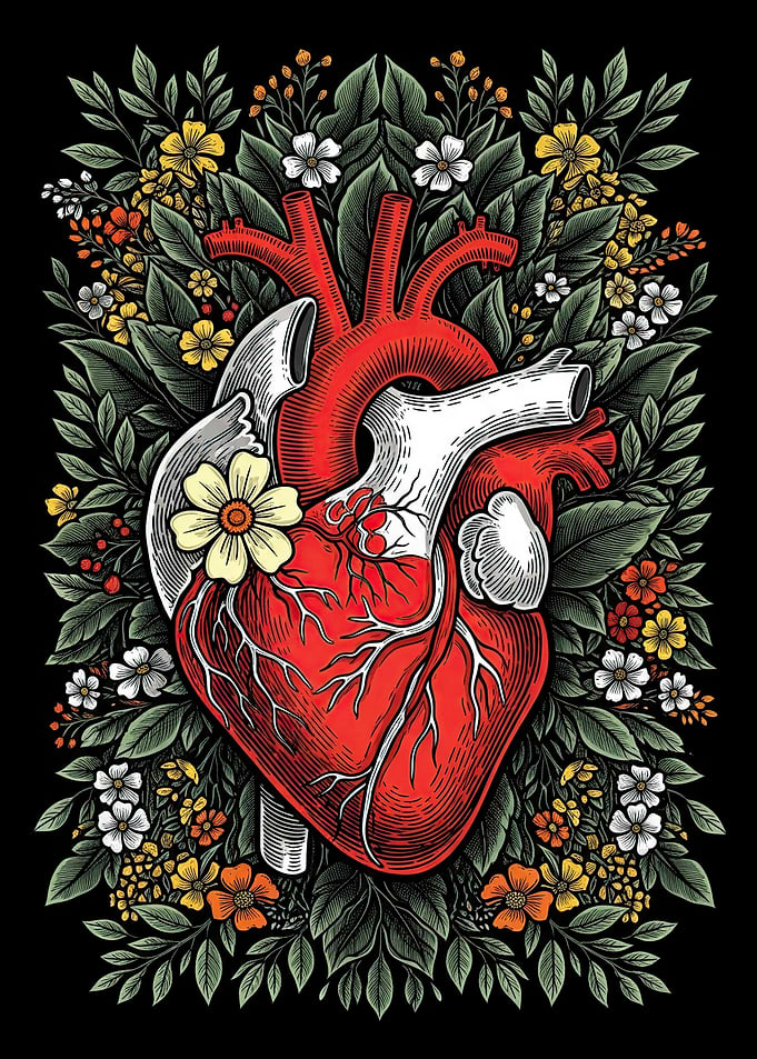 Anatomical Heart with Flowers