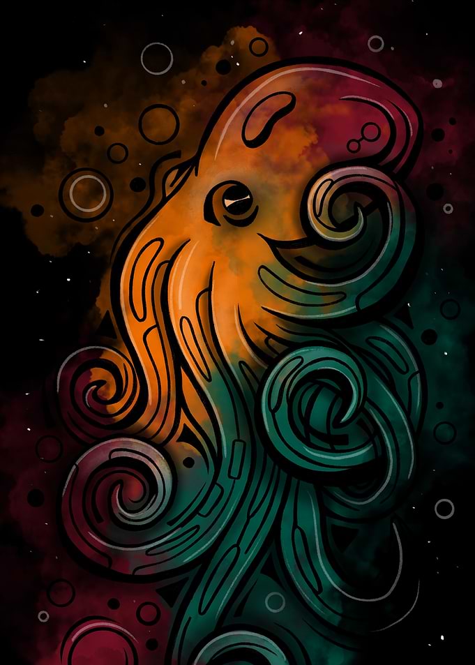 Stylized Octopus in Cosmic Background