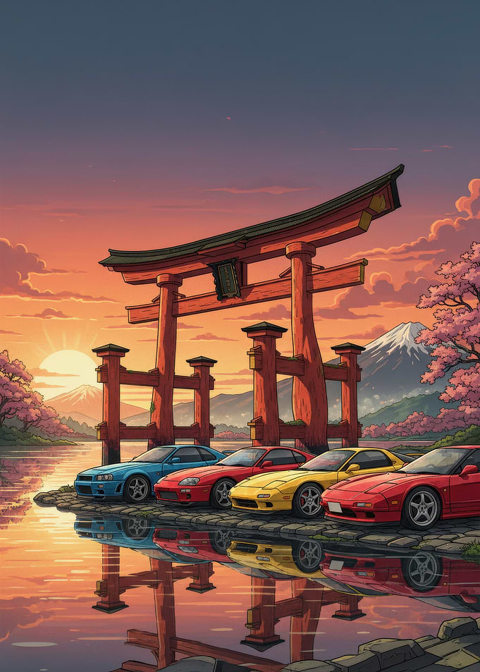 Japanese Torii Gate with Sports Cars