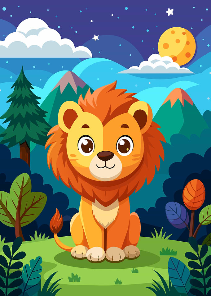 Cute Cartoon Lion in a Forest at Night