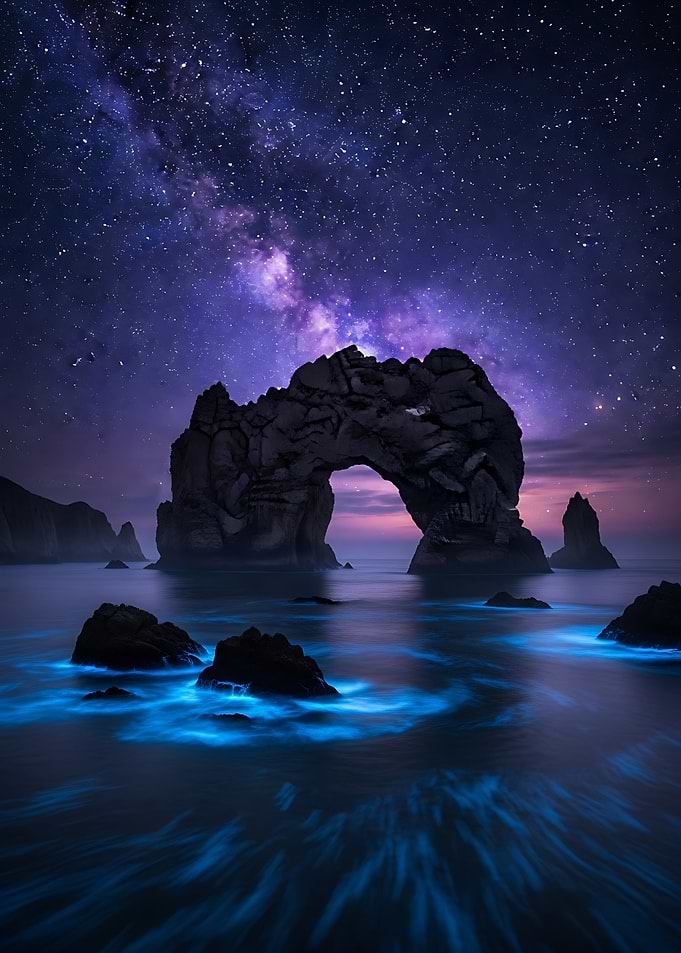 'Enchanted Rock Arch Under the Milky Way – Glowing Ocean & Starry Night