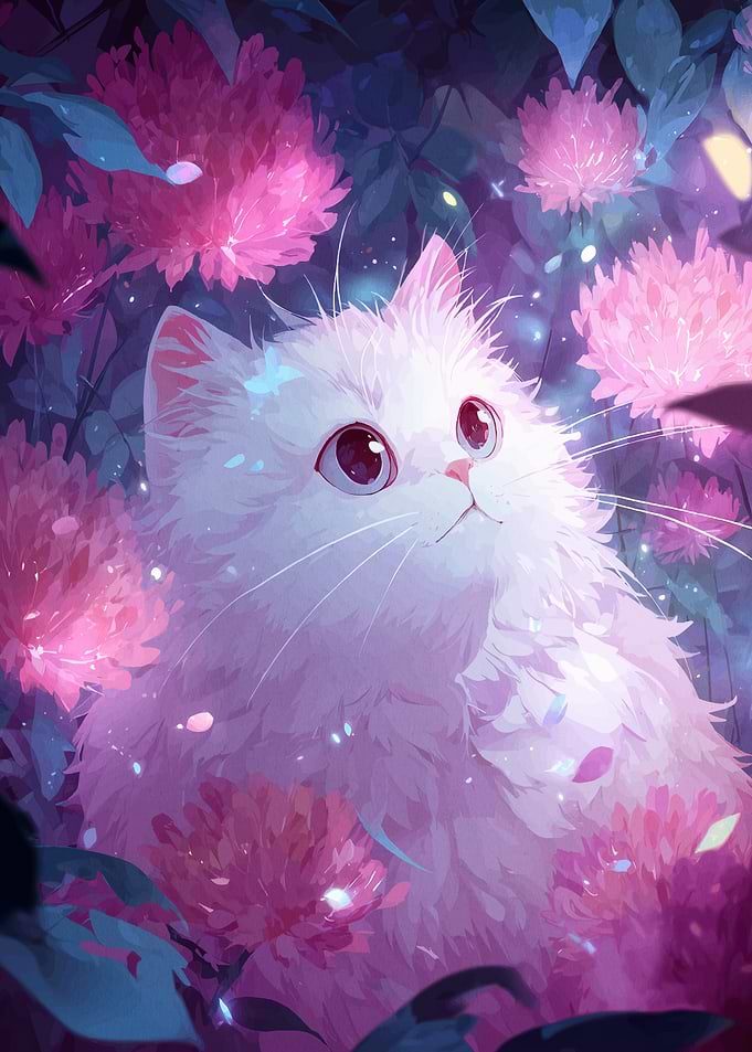 Fluffy White Cat Among Pink Flowers