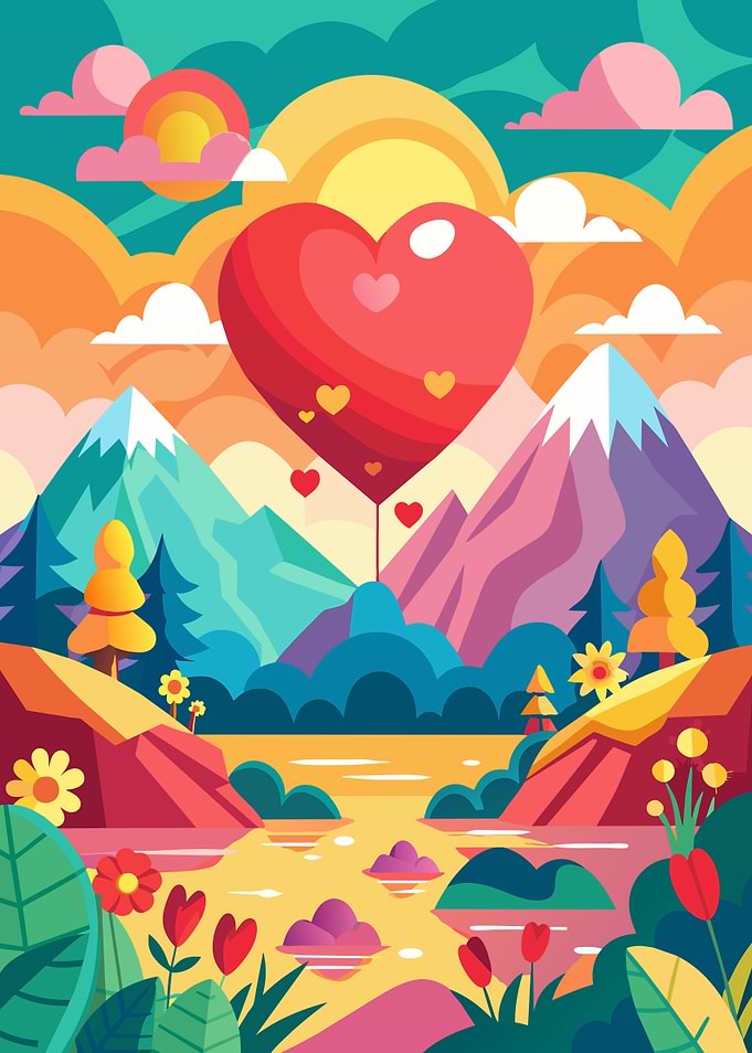 Heart Balloon Over Mountain Landscape