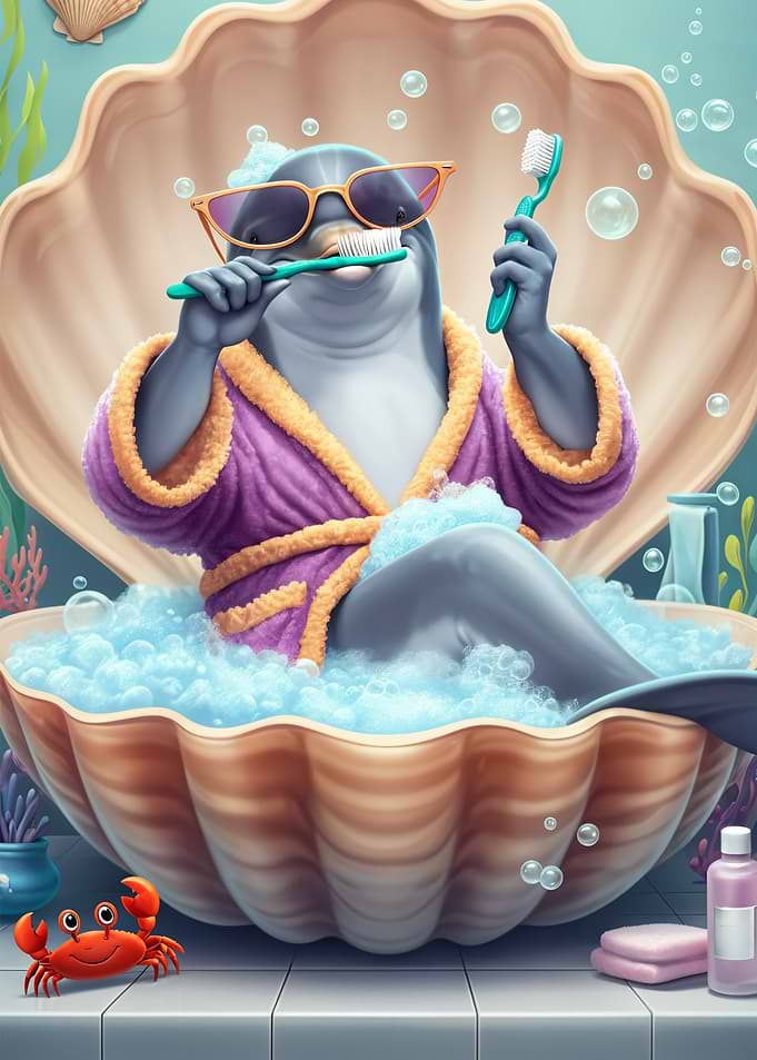 Dolphin Brushing Teeth in a Seashell