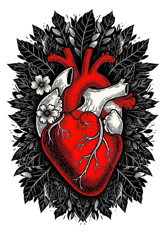 Anatomical Heart with Floral Surroundings
