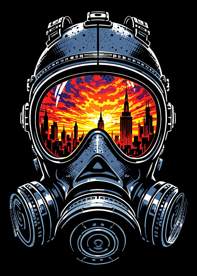 Gas Mask Reflecting Cityscape Sunset