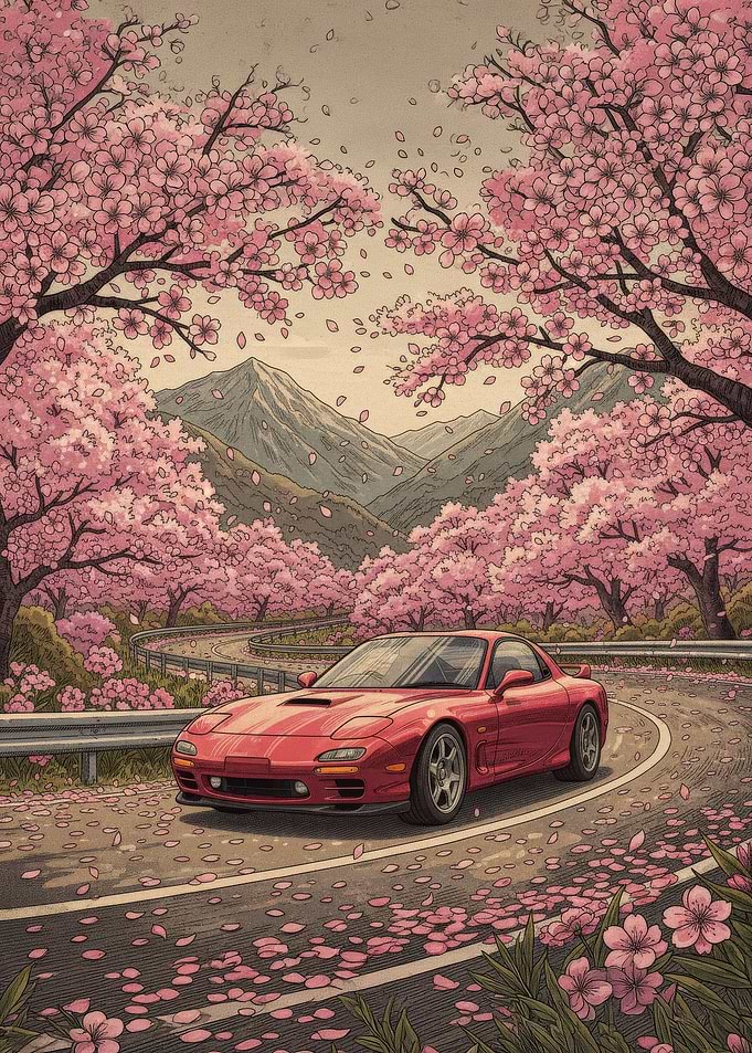 Red Sports Car Driving Through Cherry Blossoms