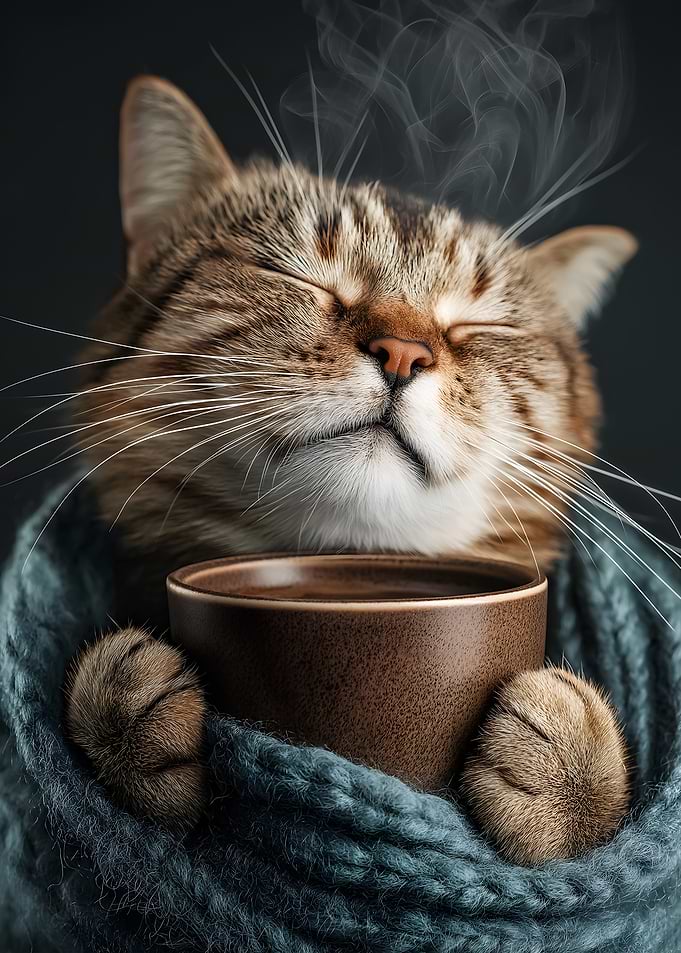 Cozy Cat with Hot Drink