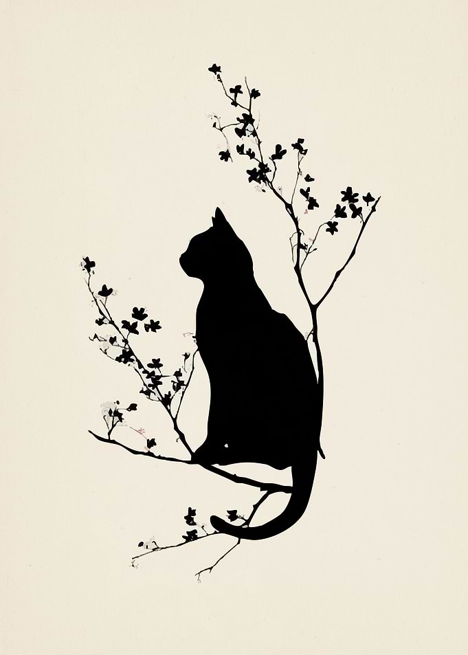 Black Cat Silhouette on Cherry Blossom Branch