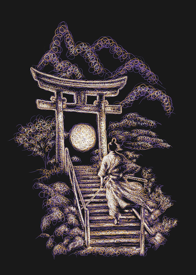 Samurai Ascending Stairs Under Full Moon