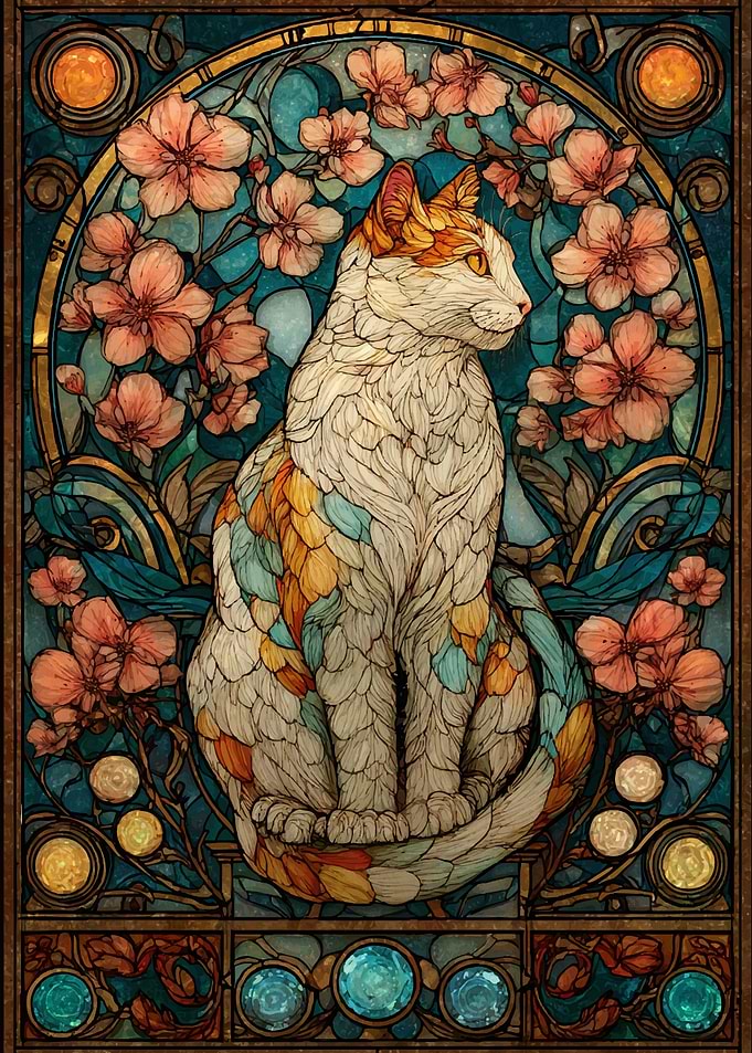 Art Nouveau Cat with Flowers