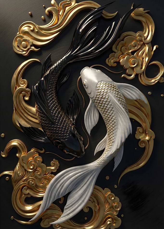 Yin Yang Koi Fish with Gold Ornaments