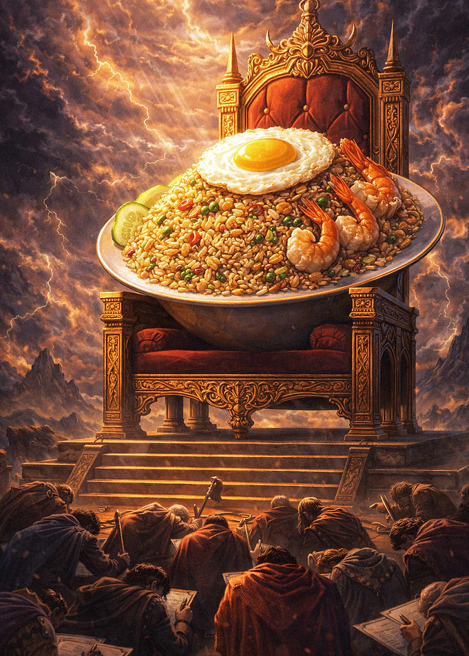 Meme Absurd Epic Fried Rice Feast on a Throne