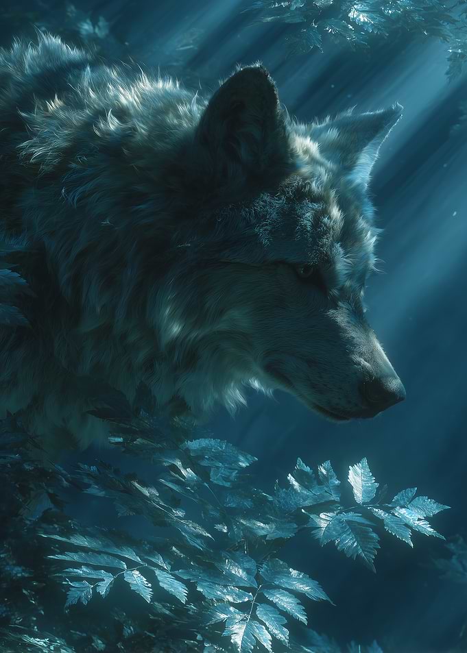 Wolf in moonlit forest
