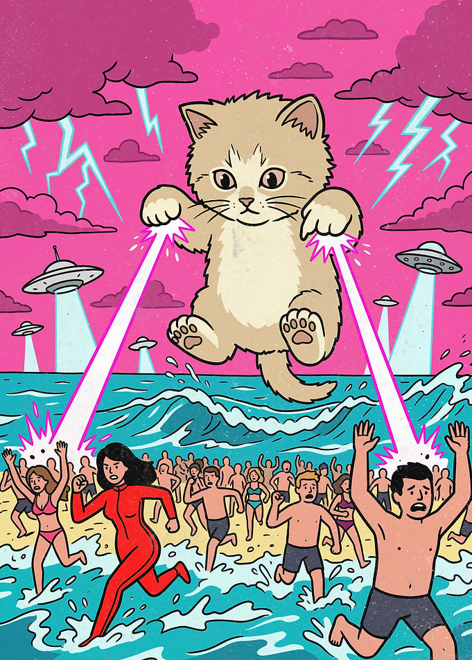 Giant Kitten Attacks Beach with Lasers