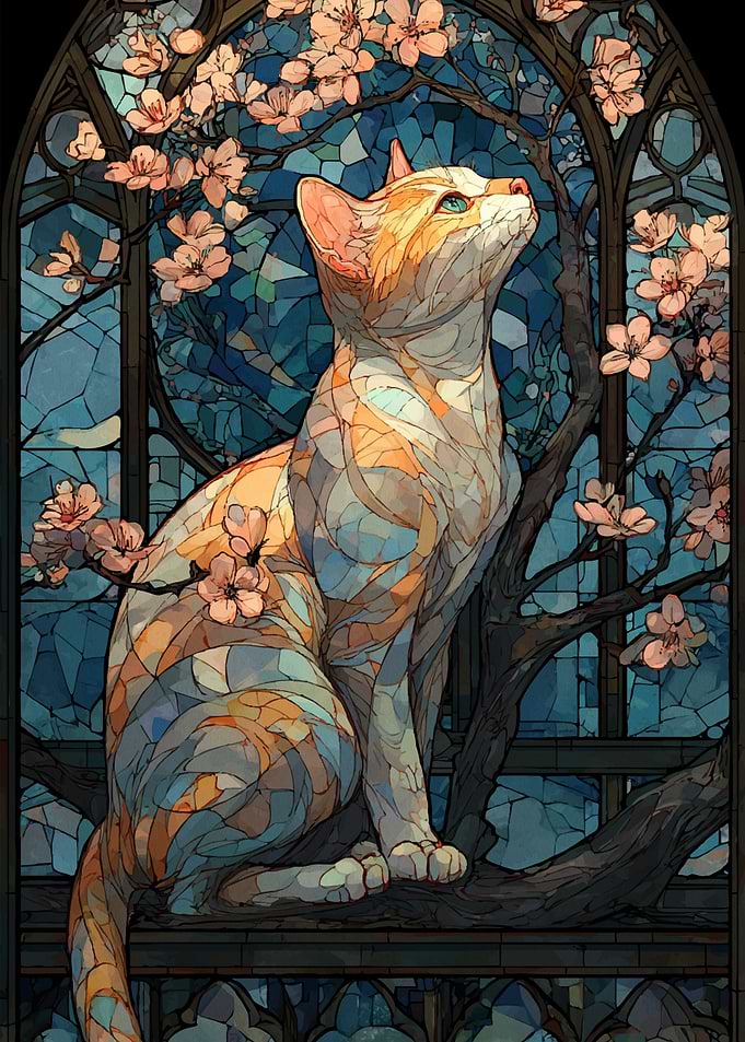Stained Glass Cat with Cherry Blossoms