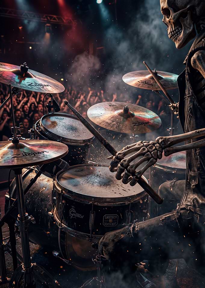 Skeleton drummer performing on stage