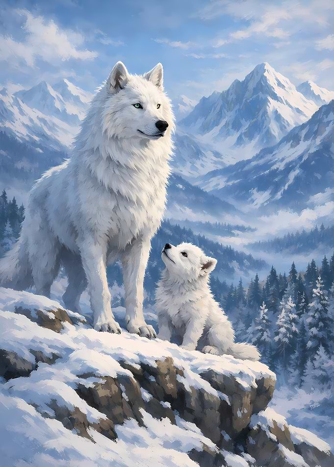 Mother and cub wolves in snowy mountains