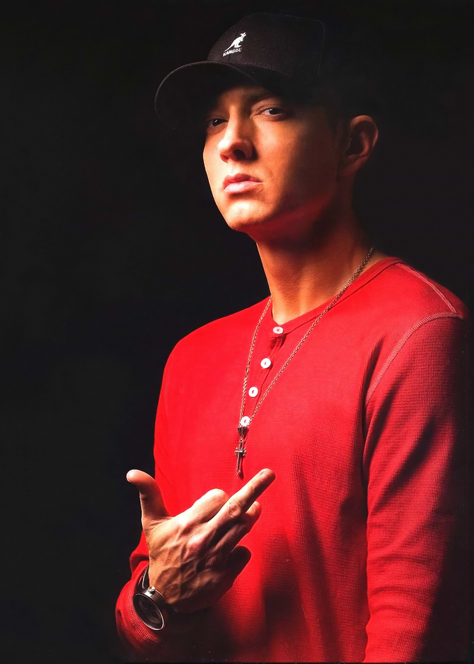 Eminem in Red Shirt and Black Cap