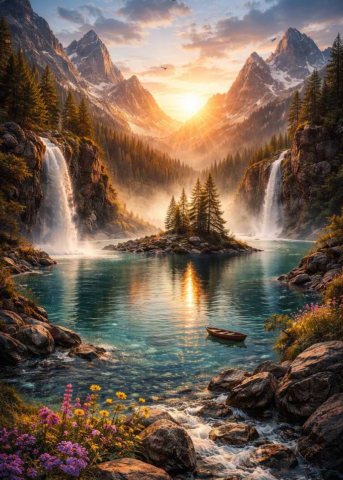 Majestic Mountain Waterfall Landscape
