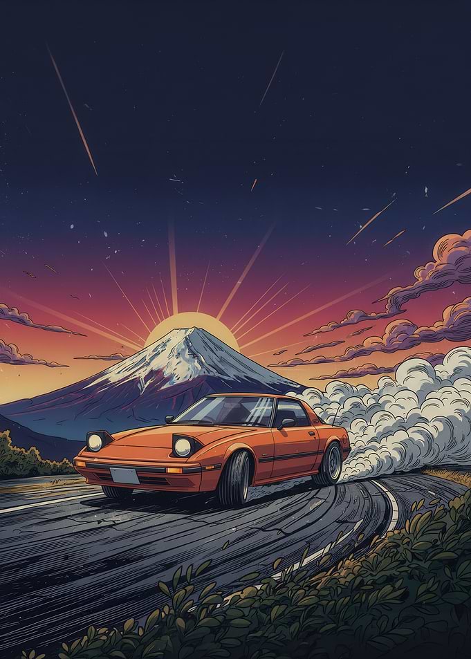 Drifting Car at Sunset with Mount Fuji