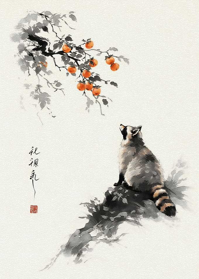 Raccoon Gazing at Persimmons