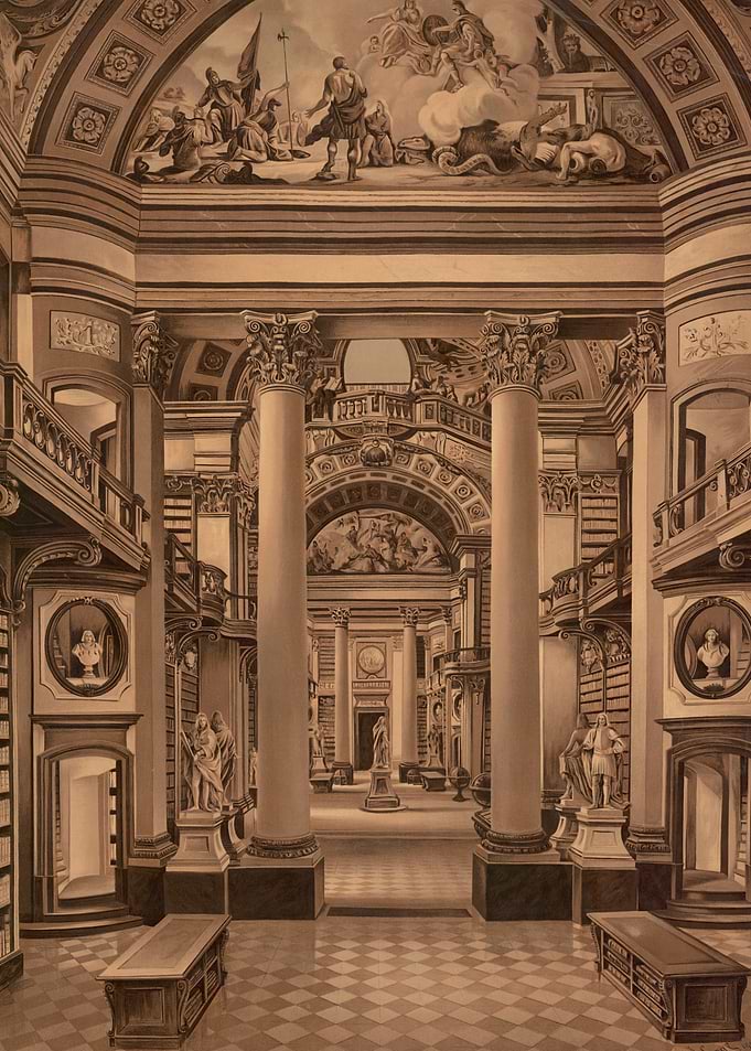 Grand Library Interior with Statues and Paintings