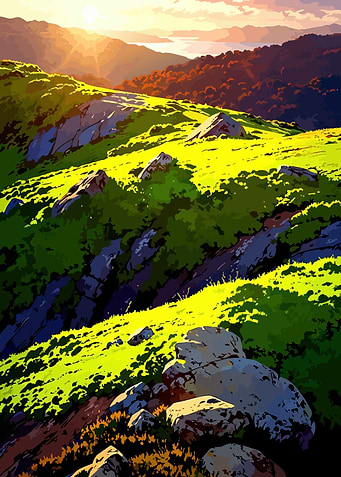 Sunrise over a grassy mountain landscape