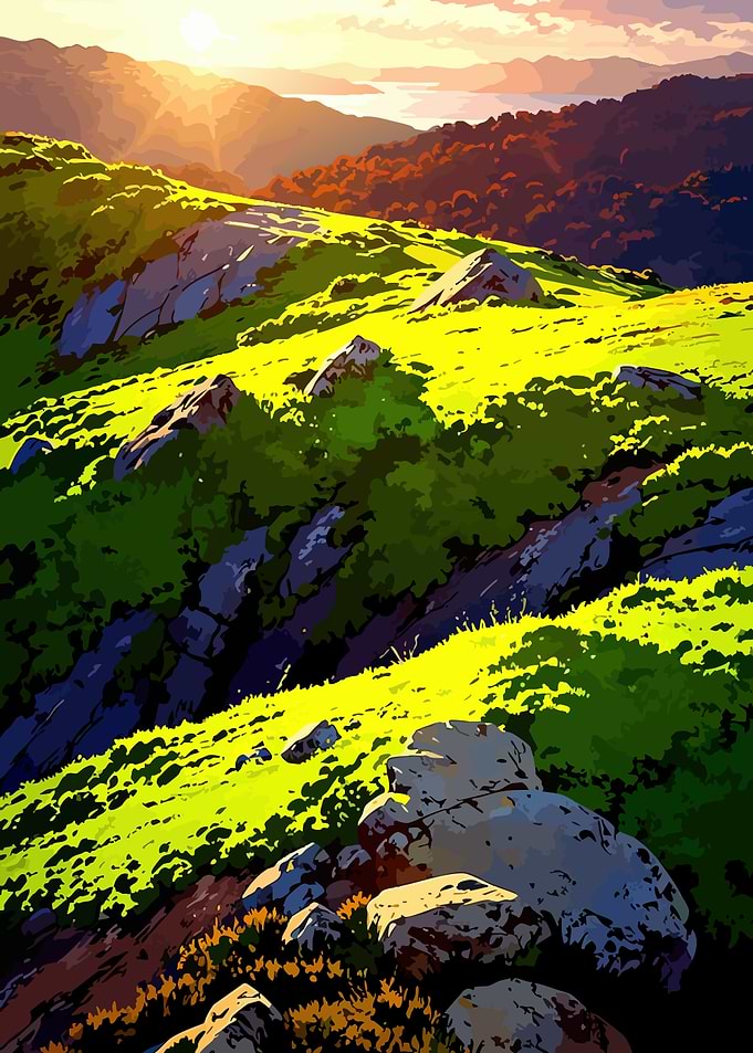 Sunrise over a grassy mountain landscape
