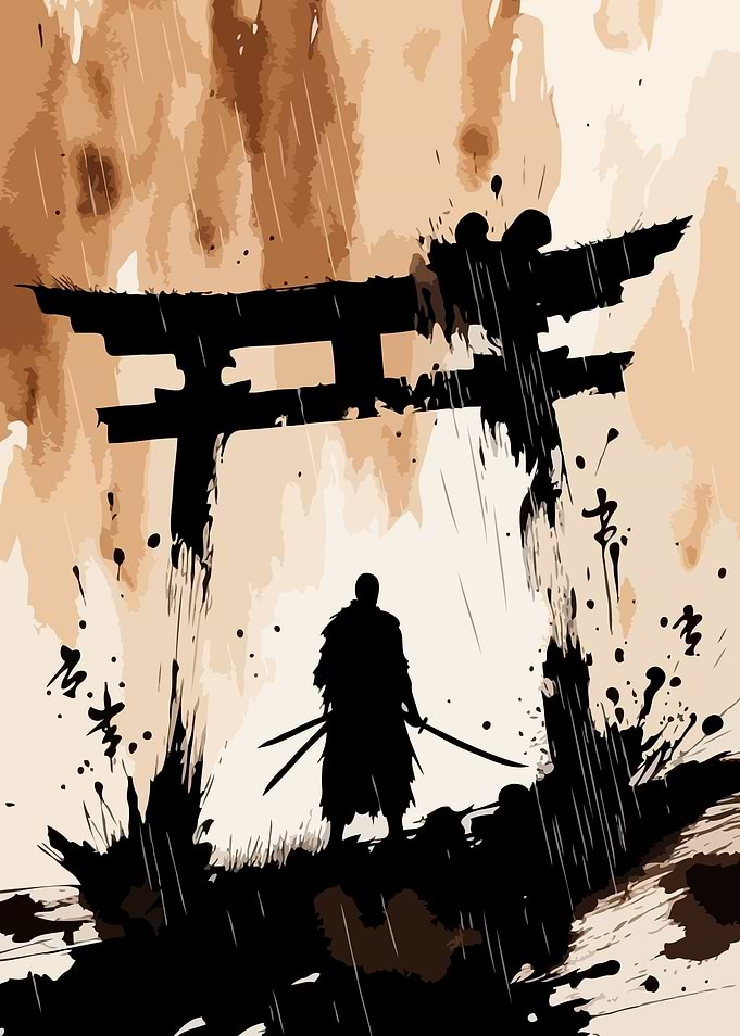 Samurai Warrior Under Torii Gate in Rain