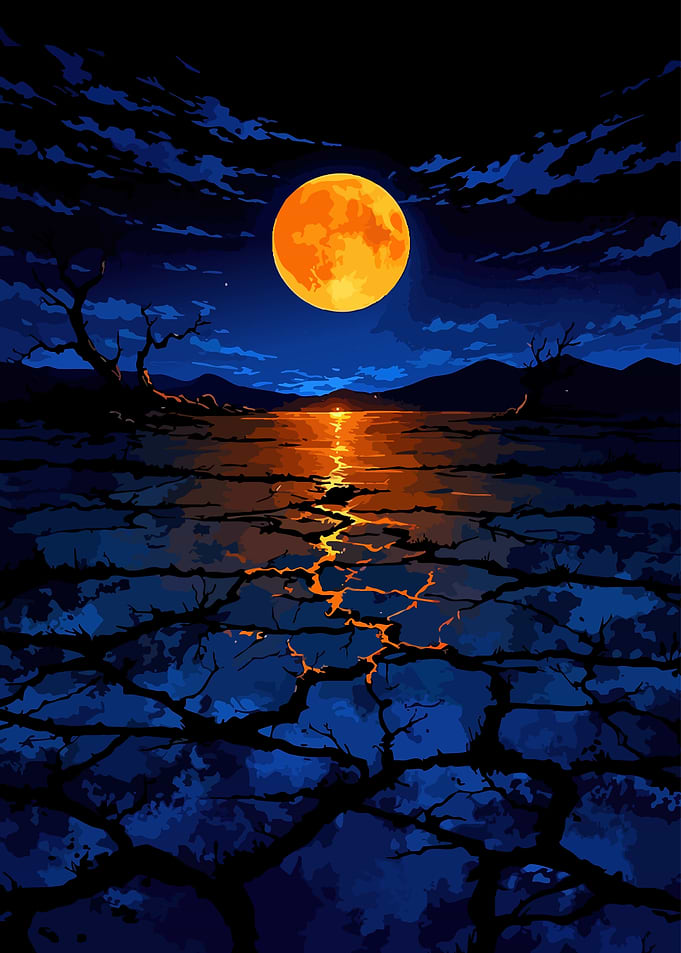 Orange Moon Over Cracked Landscape