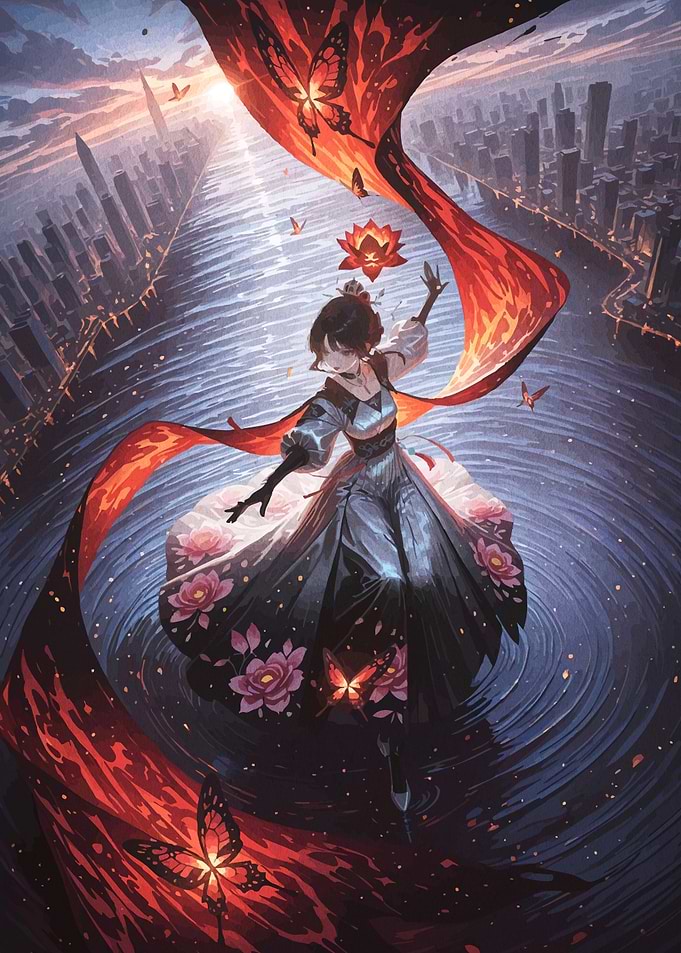 Anime Girl with Butterflies and Cityscape
