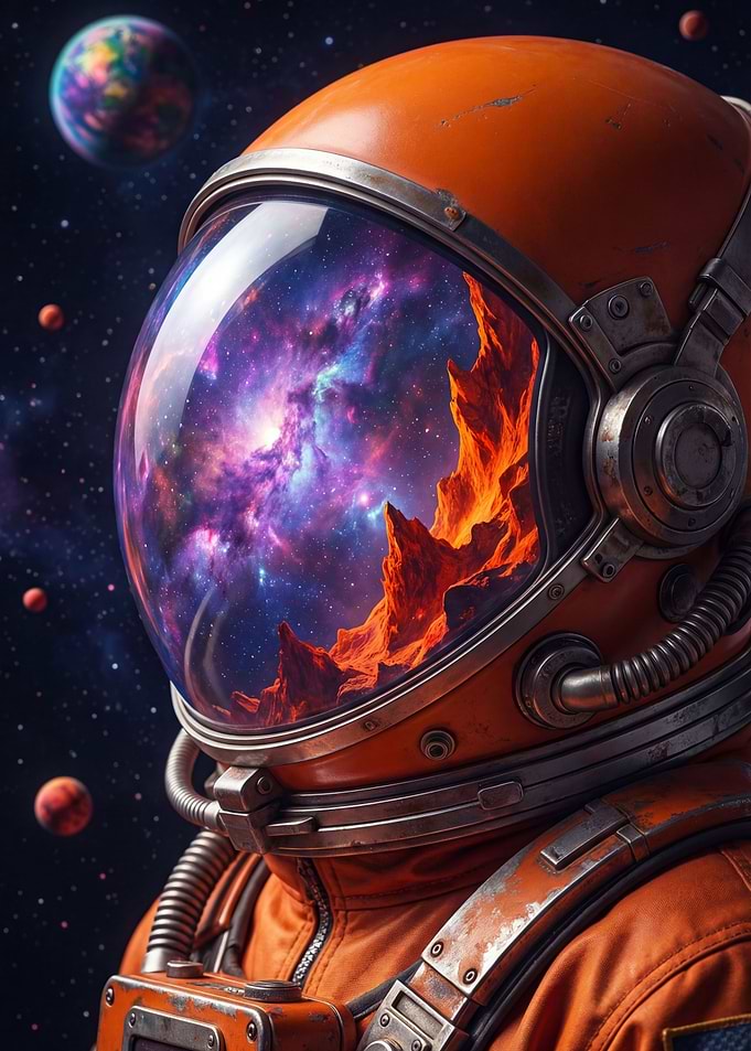 Astronaut Reflecting Cosmic Nebula