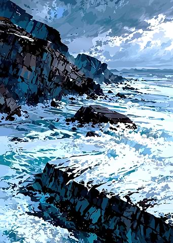 Stormy Seas Against Rocky Shore