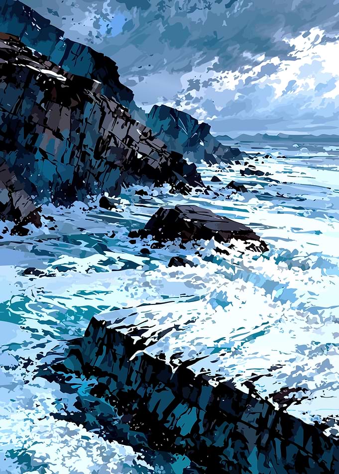 Stormy Seas Against Rocky Shore