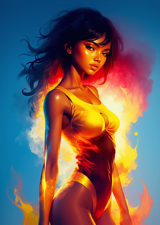 Woman in yellow swimsuit with fiery background