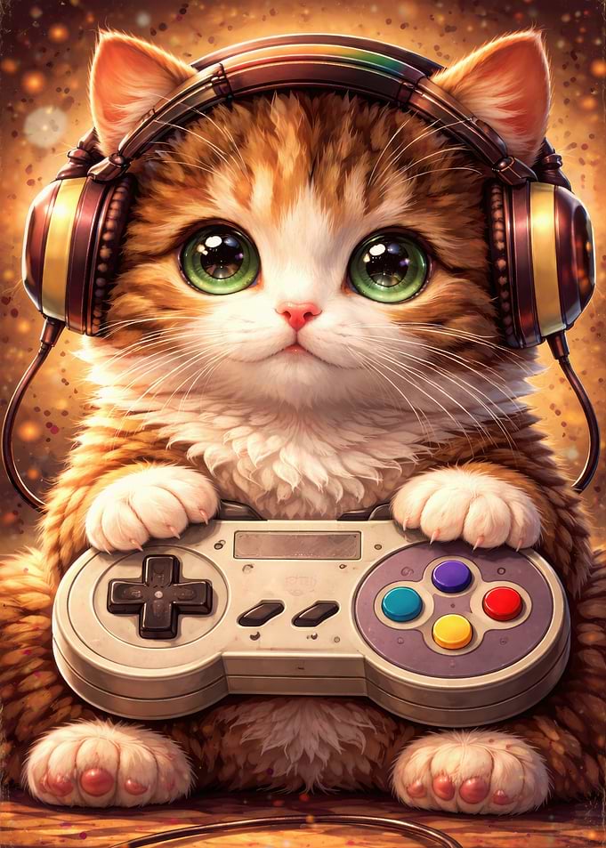 Cute Cat Gamer with Headphones and Controller