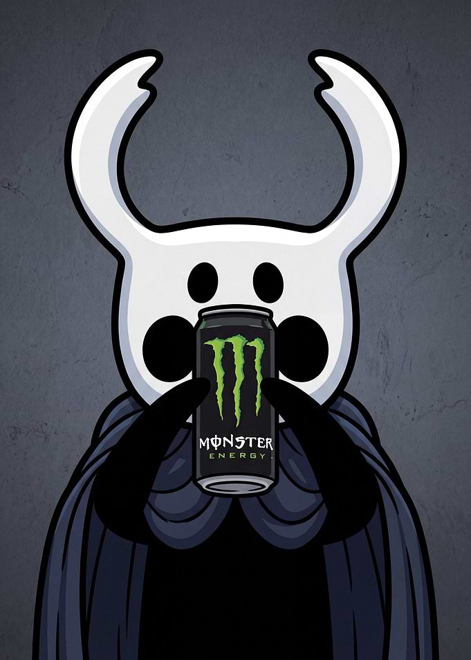 Hollow Knight Character with Monster Energy Drink