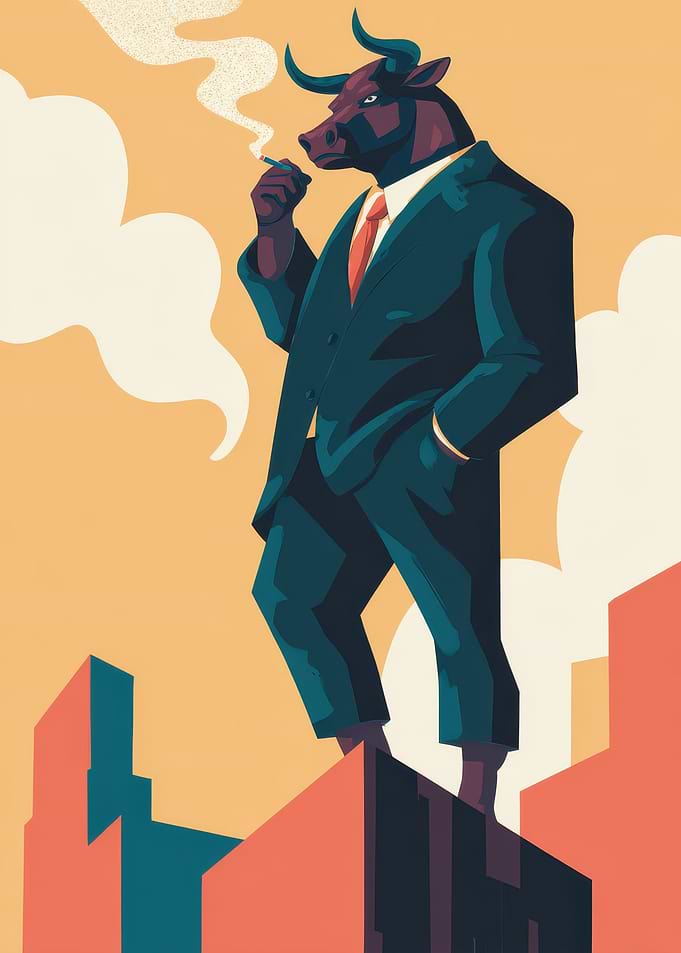 Bull in a Suit Smoking on Rooftop