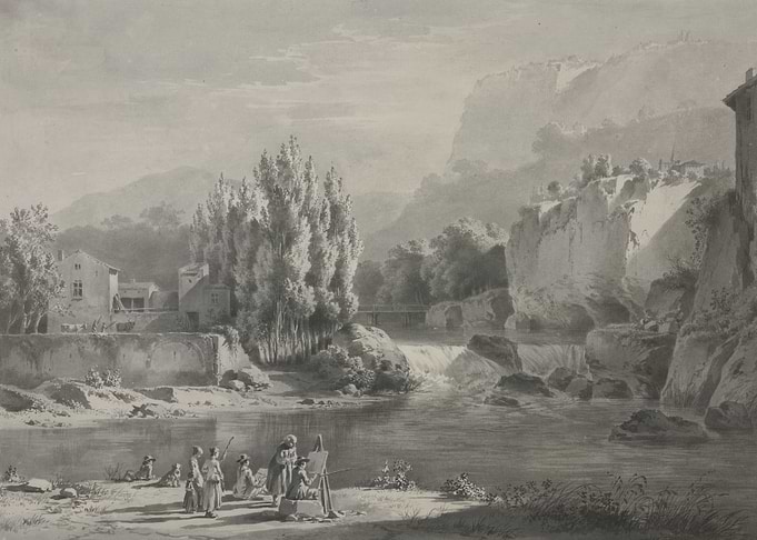 Artists painting by a waterfall
