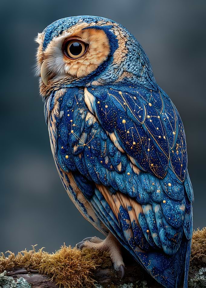 Celestial Owl on Mossy Branch