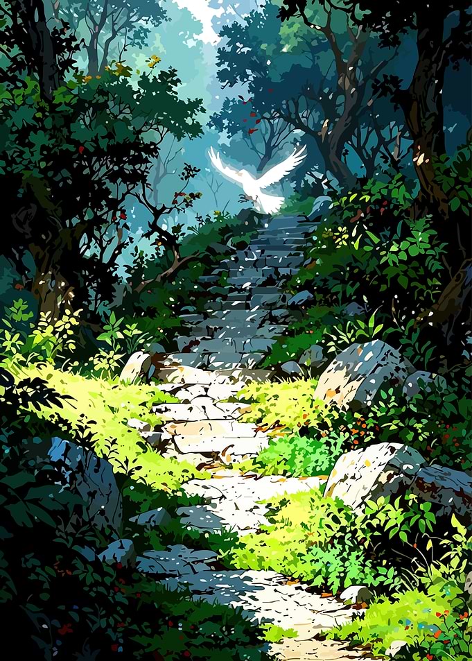 White bird flying up stone stairs in forest