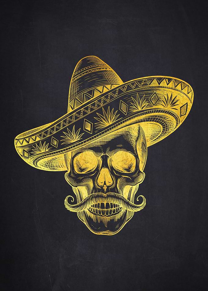 Golden Skull with Sombrero and Mustache