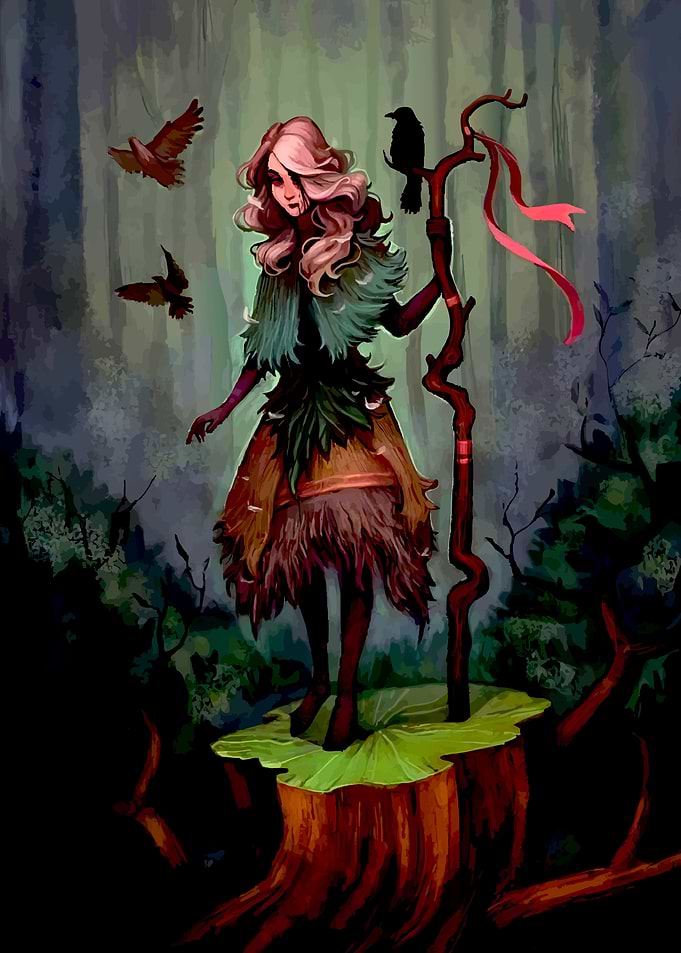 Forest Witch with Raven and Birds